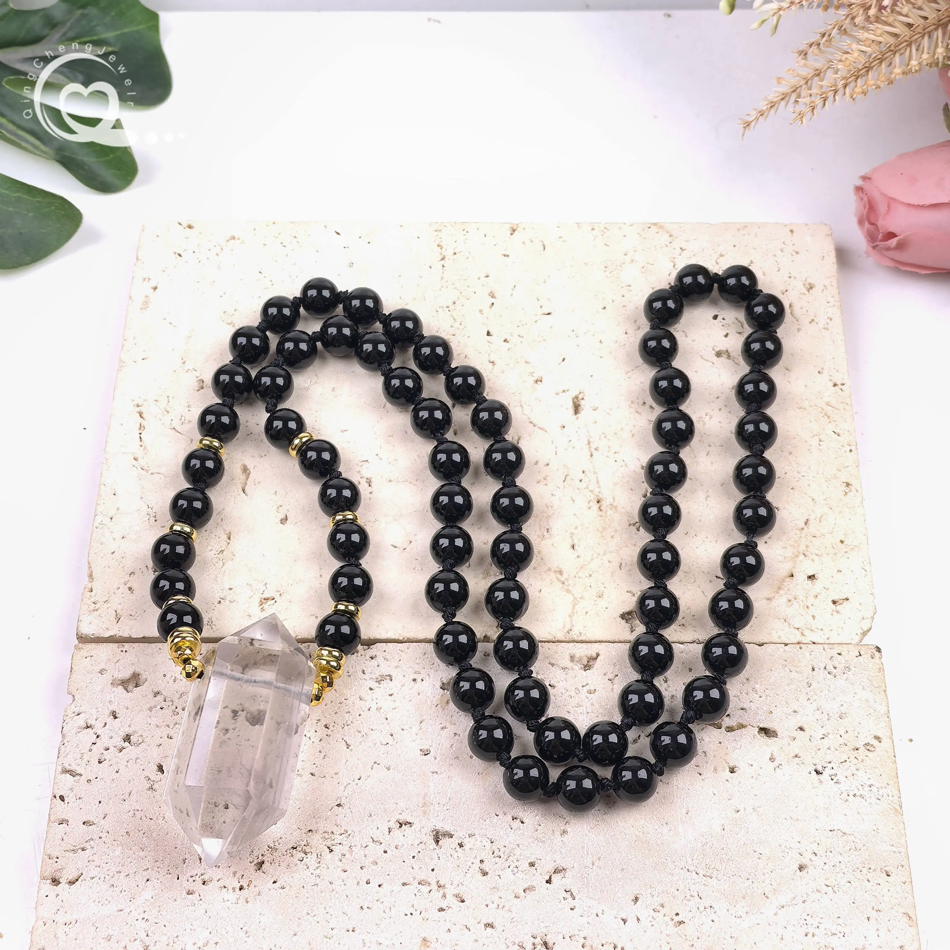 Handmade Knotted Necklace 8mm Obsidian Round Beads Chakra Crystal Quartz Double Point Pendants Mala Yoga Prayer Jewelry,QC0204