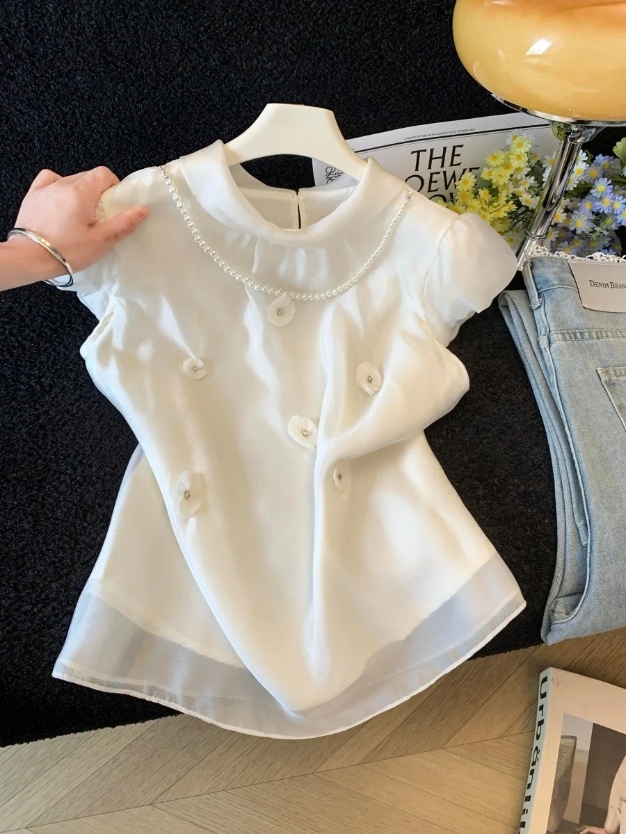 

Elegant Pearl Chain Floral Print Shirt Women's Summer Fashionable Chic Short Sleeve Top Elegant Style Loose Fit Bamboo Fiber