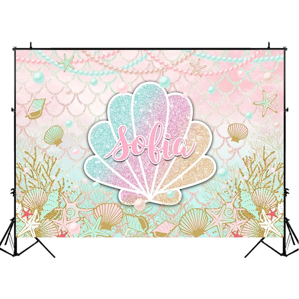 Mocsicka 인어 생일 파티 사진 배경 장식 셸 진주 신생아 Photoshoot 베이비 샤워 배경 이름을 사용자 정의