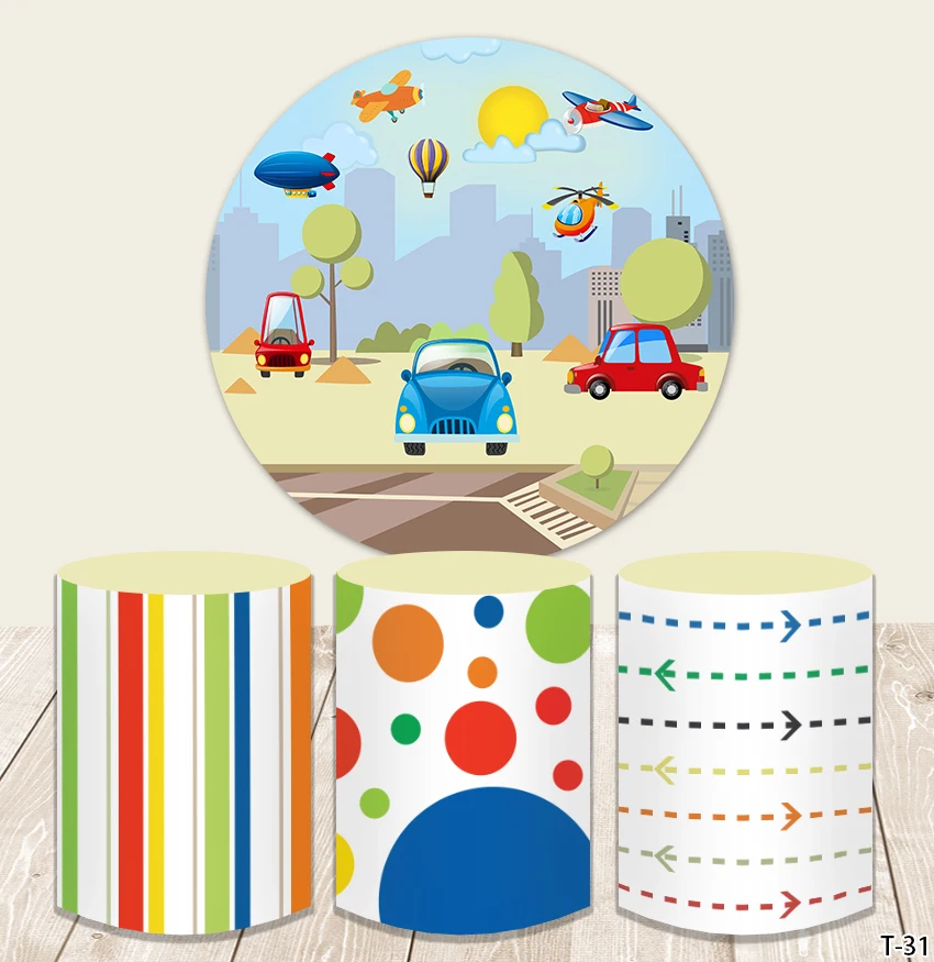 

Boy Happy Birthday Round Backdrop Circle Cover Custom Transportation Bus Theme Party Decor Train Background Cake Table Banner