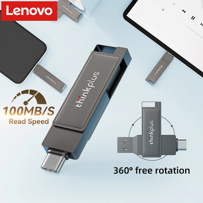 Lenovo Gray Metal Dual Interface USB Flash Drive, Type-C High Speed Pendrive, Portable Memory Stick for Phone Laptop PC