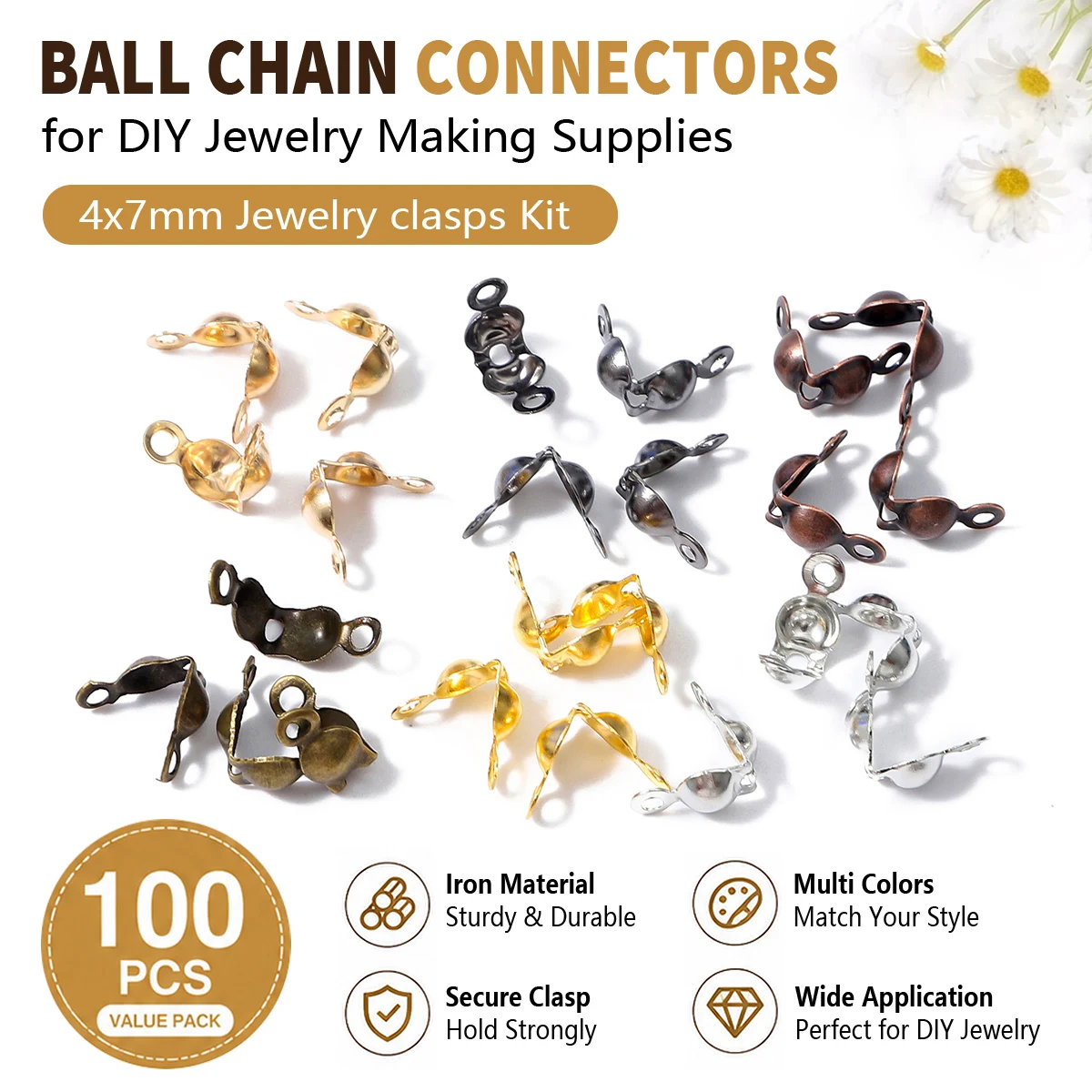 100Pcs 4x7mm Multicolor Iron Bead Tip Knot Covers Ball Chain End Clasps for DIY Bracelet Necklace Jewelry Making Supplies