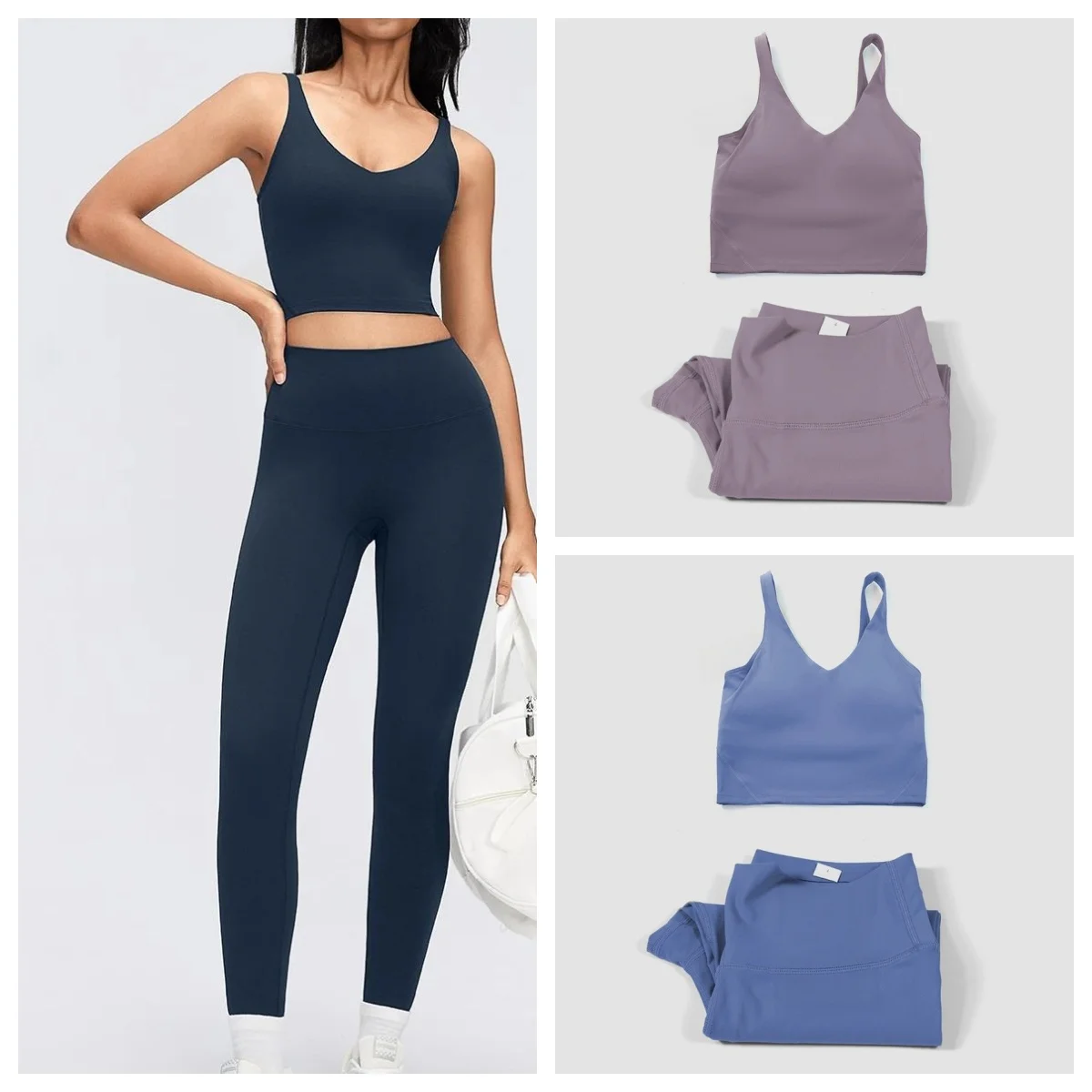 Women V-Neck Built-in Padded Sport Tank Top High Waist Naked Feel Leggings Stretch Gym Pilates Workout Fitness Activewear