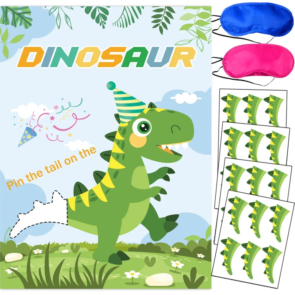 

Cartoon Animals Dinosaur Blindfold Game Birthday Poster Sticker Games with 2 Eye Mask Dinosaur Themed Kids Birthday Party Decor