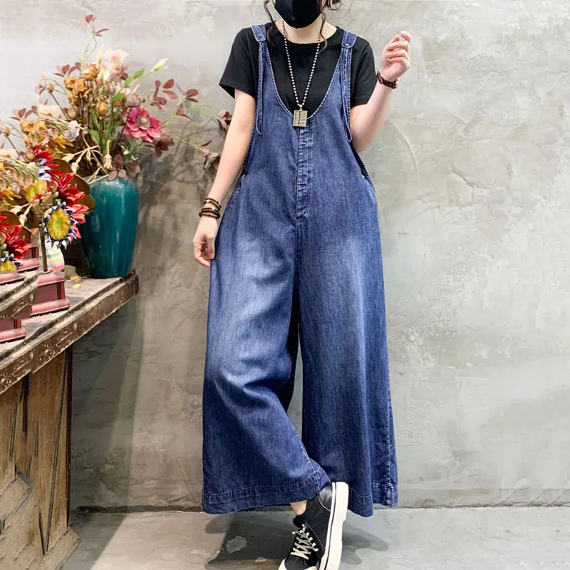 New Oversized Women Denim Jumpsuit Summer Streetwear Suspenders High Waist Straight Wide Leg Jeans Female Casual Trouser Rompers