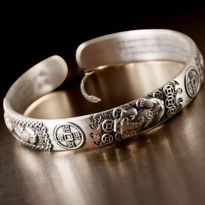 Retro Copper Coins Pixiu Charms Bracelet Men's Silver 925 Design Simple Chinese Style Domineering Open Bangles Jewelry