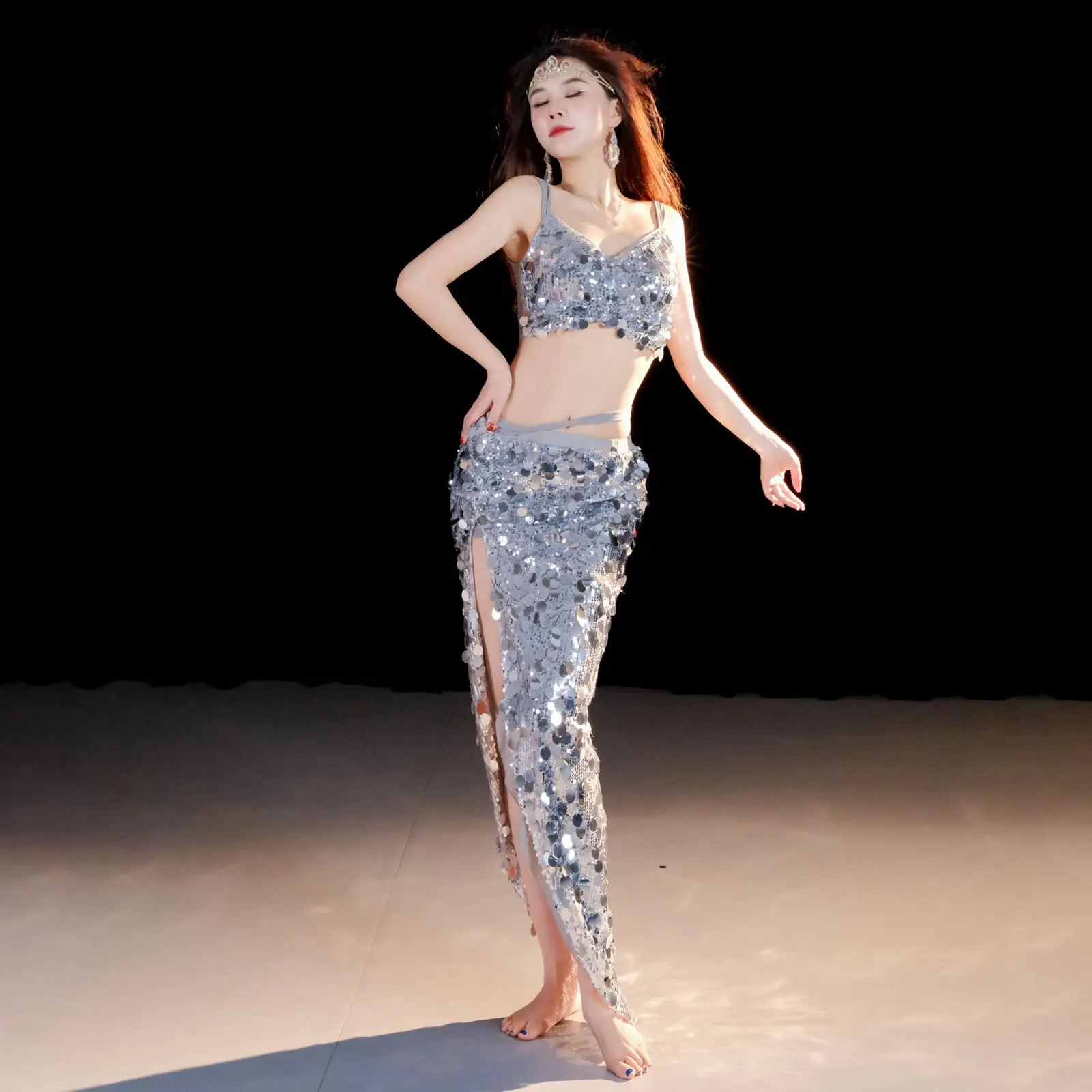 Sexy Belly Costume Set, 2pcs Sequin Top and Side Split Skirt, Oriental Solo Dance Performance Outfit for Women