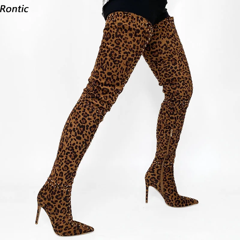 

Rontic, женские зимние сапоги до бедра высокого качества, красивые леопардовые клубные туфли с шипами на высоком каблуке-шпильке с острым носком, размер США 5-15