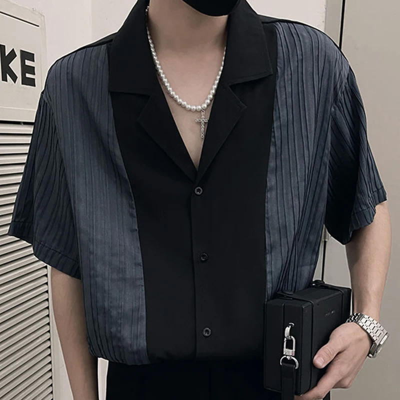 Fashion Lapel Button Spliced Loose Korean Shirts Men\'s Clothing 2024 Summer New Casual Tops Short Sleeve All-match Shirt