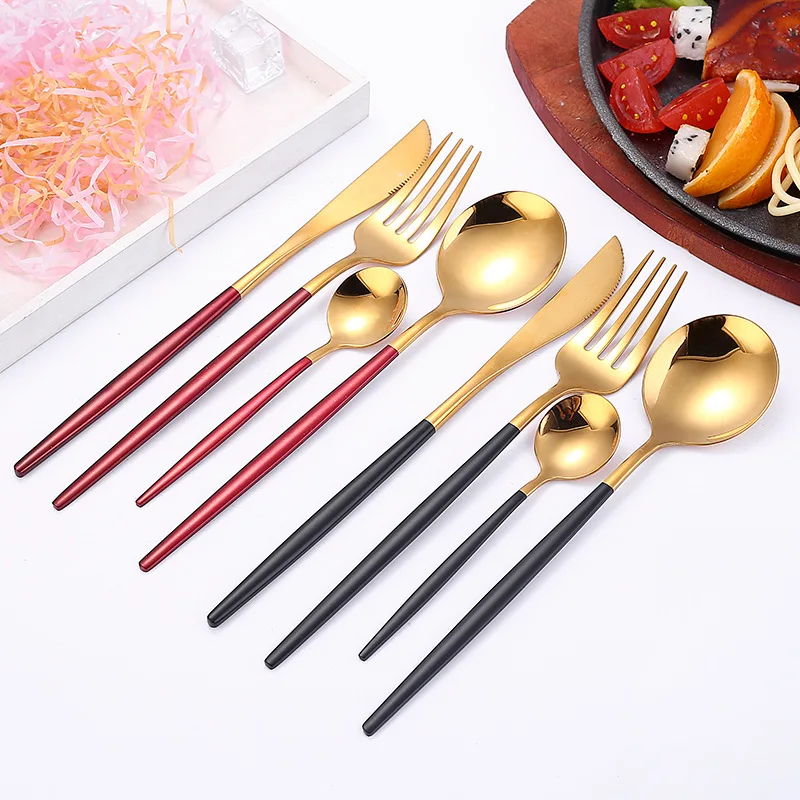 4Pcs Stainless Steel Golden Cutlery Set Black Luxury Dinnerware s Tablewareware Kitchen Fork Spoons Knives