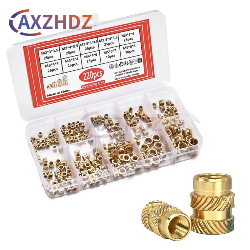 

80/220pcs M2 M3 M4/5 M6 Brass Heat Insert Nuts for 3D Printers. Knurled, double - twill threads. Ideal for hot - melt embedding