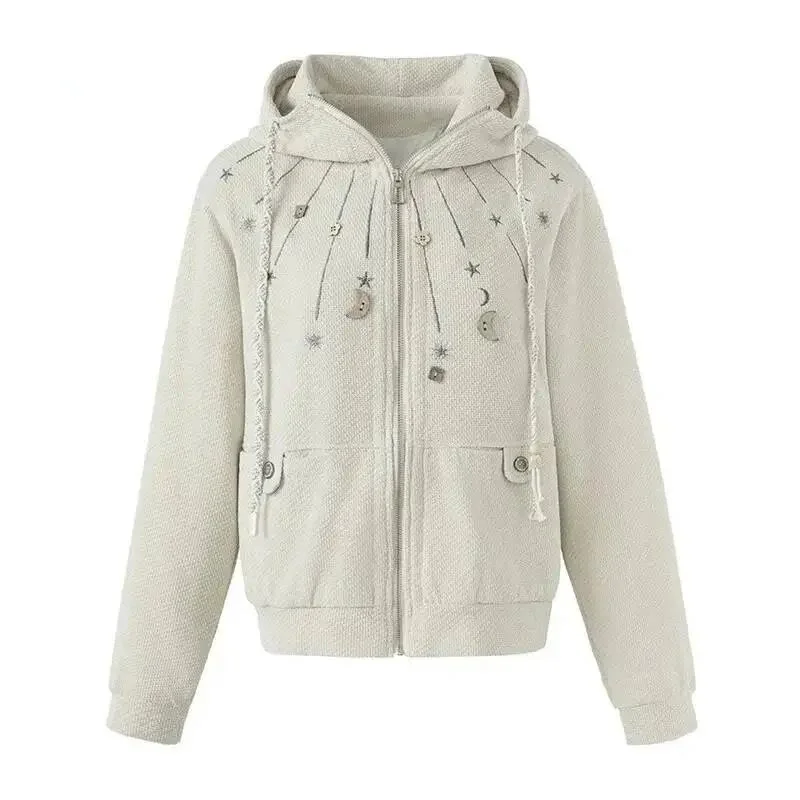 Star Moon Embroidery Charm Zip Up Hoodies Mens Textured Fabric Drop Shoulder Oversize Tailored Niche Retro Coats GBT7