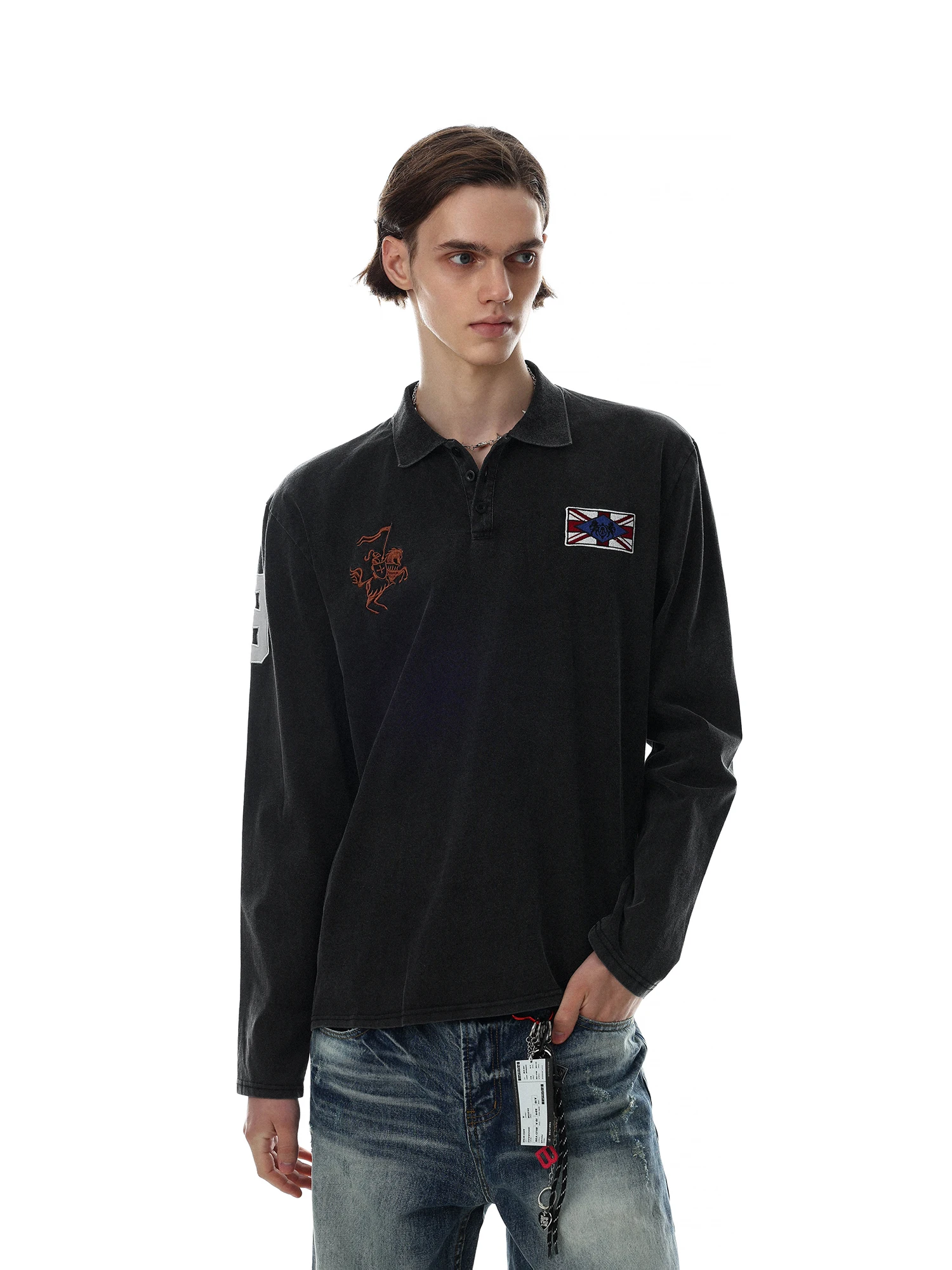 Retro American Embroidered  Collar Long Sleeve Loose Casual Top for Men Breathable Sweat Absorbent Cotton Vintage Pattern