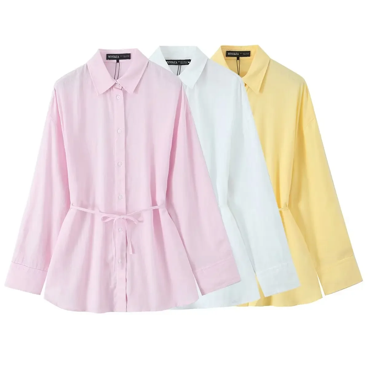 

Spring New Women's Casual Shirt Loose Long Sleeve Button Decor Turn-down Collar Comfortable Cotton Polyester Fabric Pure Color