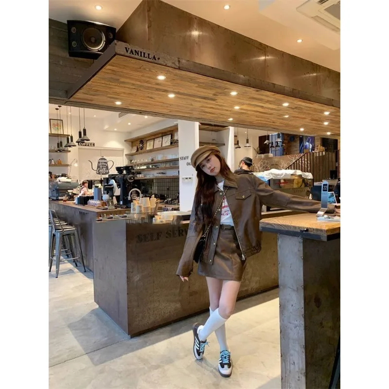 Women Vintage Brown Faux Leather 2 Piece Set Lapel Jacket Mini Skirt Slim Outfit Spring Autumn
