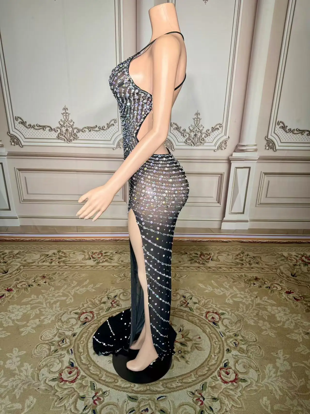 Fashion Design Crystals Transparent Dress Evening Celebrate See Through Mesh Birthday Celebrate Performance Costume