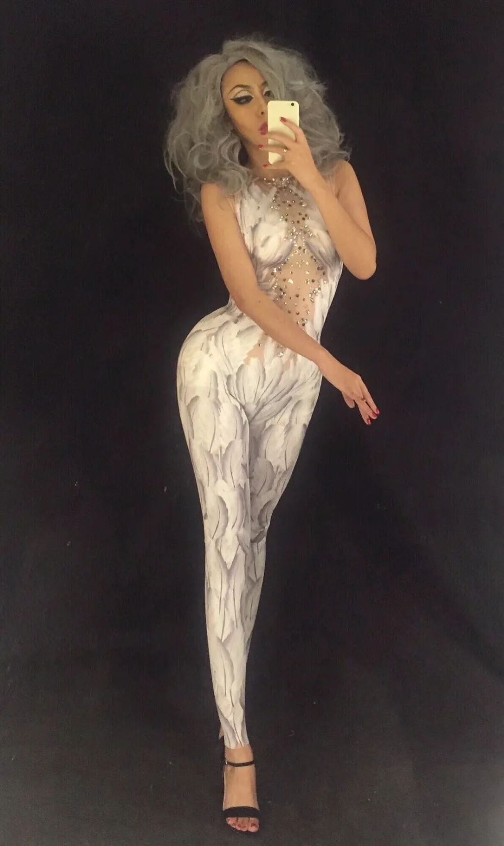 Women New Sexy Female Song Host DJ 3D Printing White Feather Jumpsuit Adult Stage Performance Costume Party Celebration