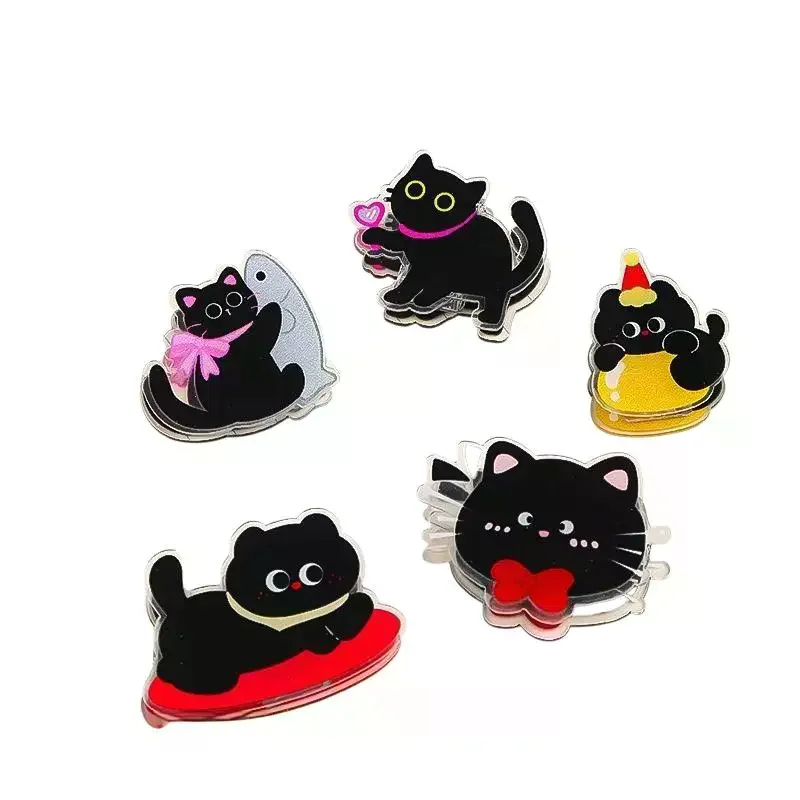 5Pcs Cute Cartoon Cat Acrylic PP Clips Double-Sided HD Print Durable Paper Clips for School Kids Homework Sorting