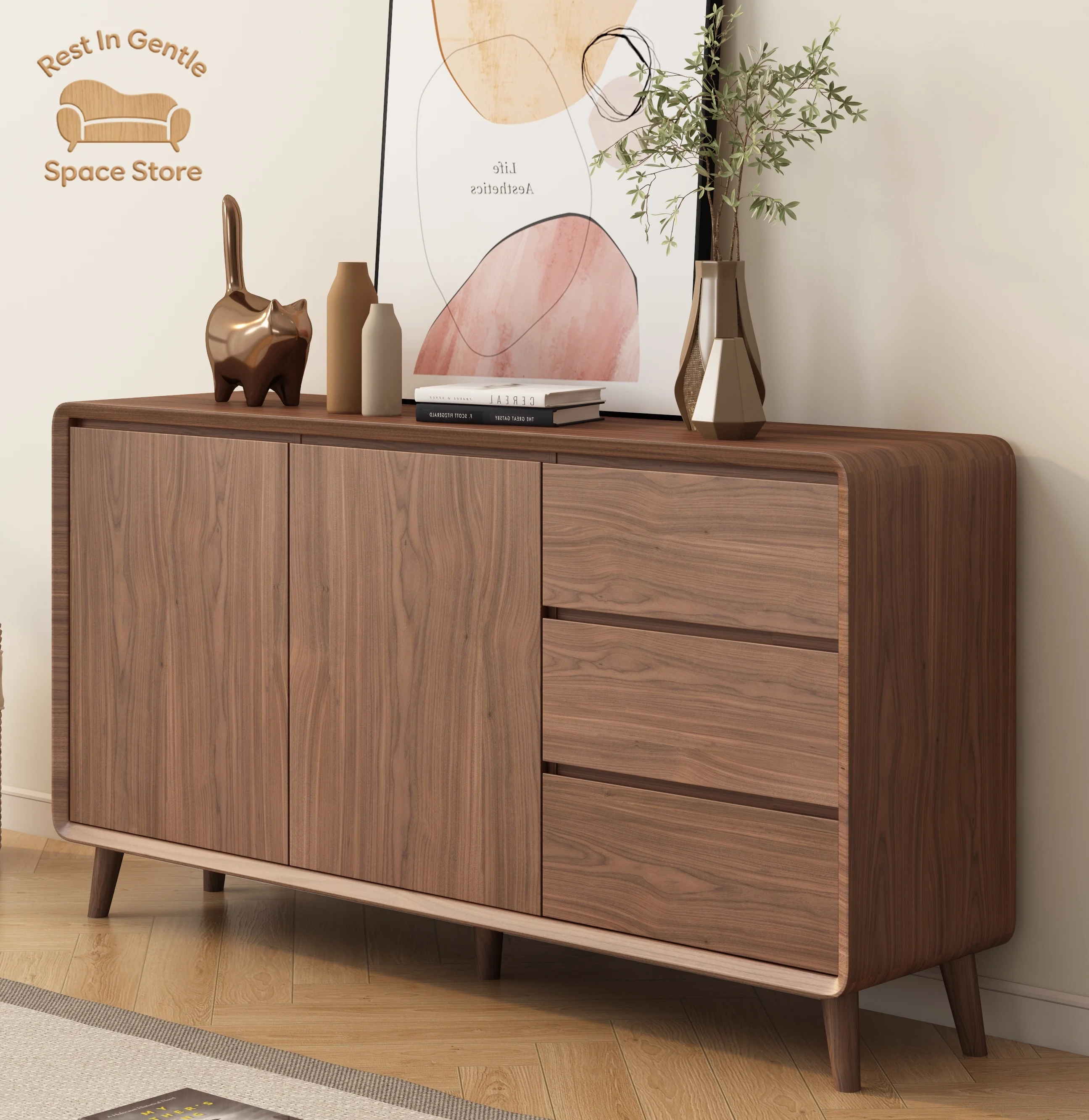 Modern simple solid wood dining side cabinet locker kitchen living room black walnut white locker dining room cabinet