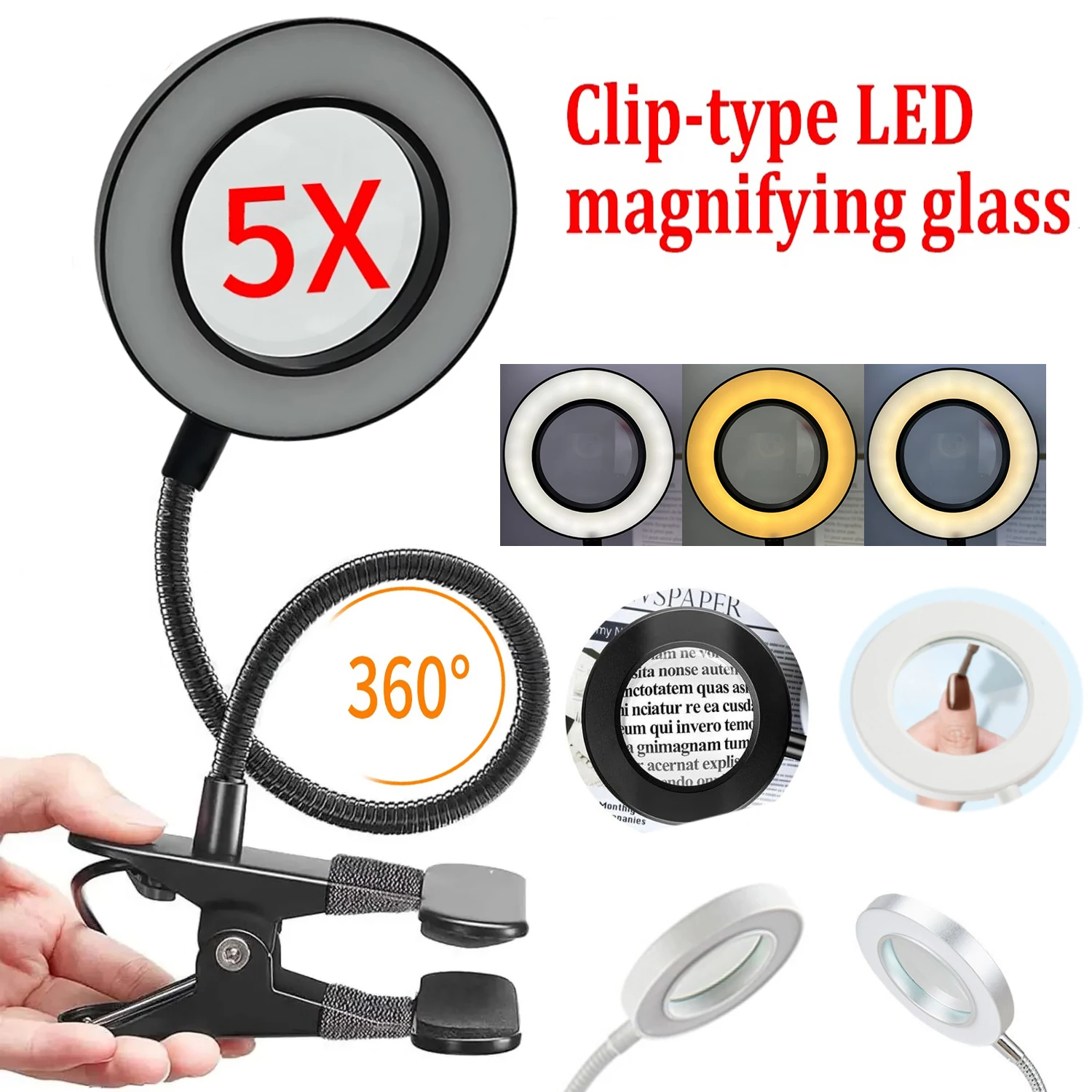 Clip-On Desk Lamp LED Magnifying Glass with Lamp Nail Salon Embroidery Lamp Portable Eye Protection Lamp Black and White Silver