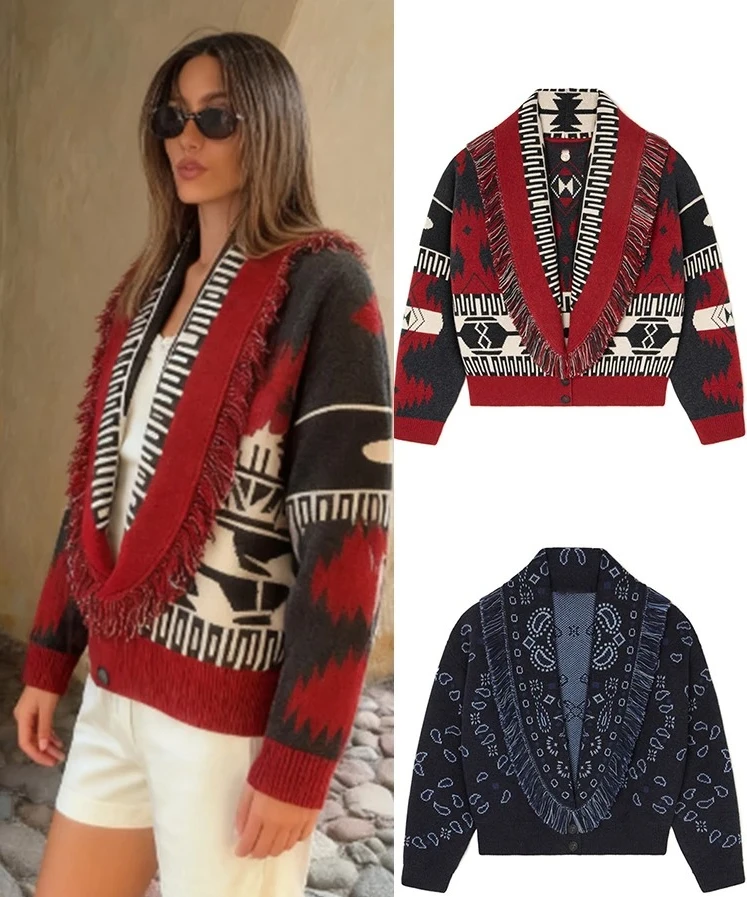 

Tassel Print Deep V-neck Short Sweater Cardigan Women Long Sleeve Knitwear Female