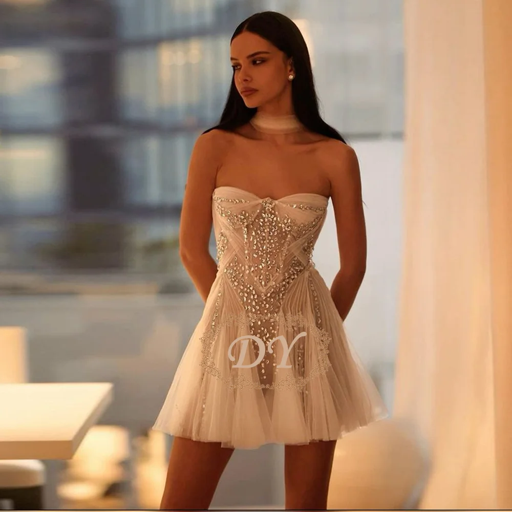 DY Luxury Crystals Short Wedding Dress 2026 Strapless Puffy Mini Women's Bridal Gown with Lacing Back Customized שמלת חתו