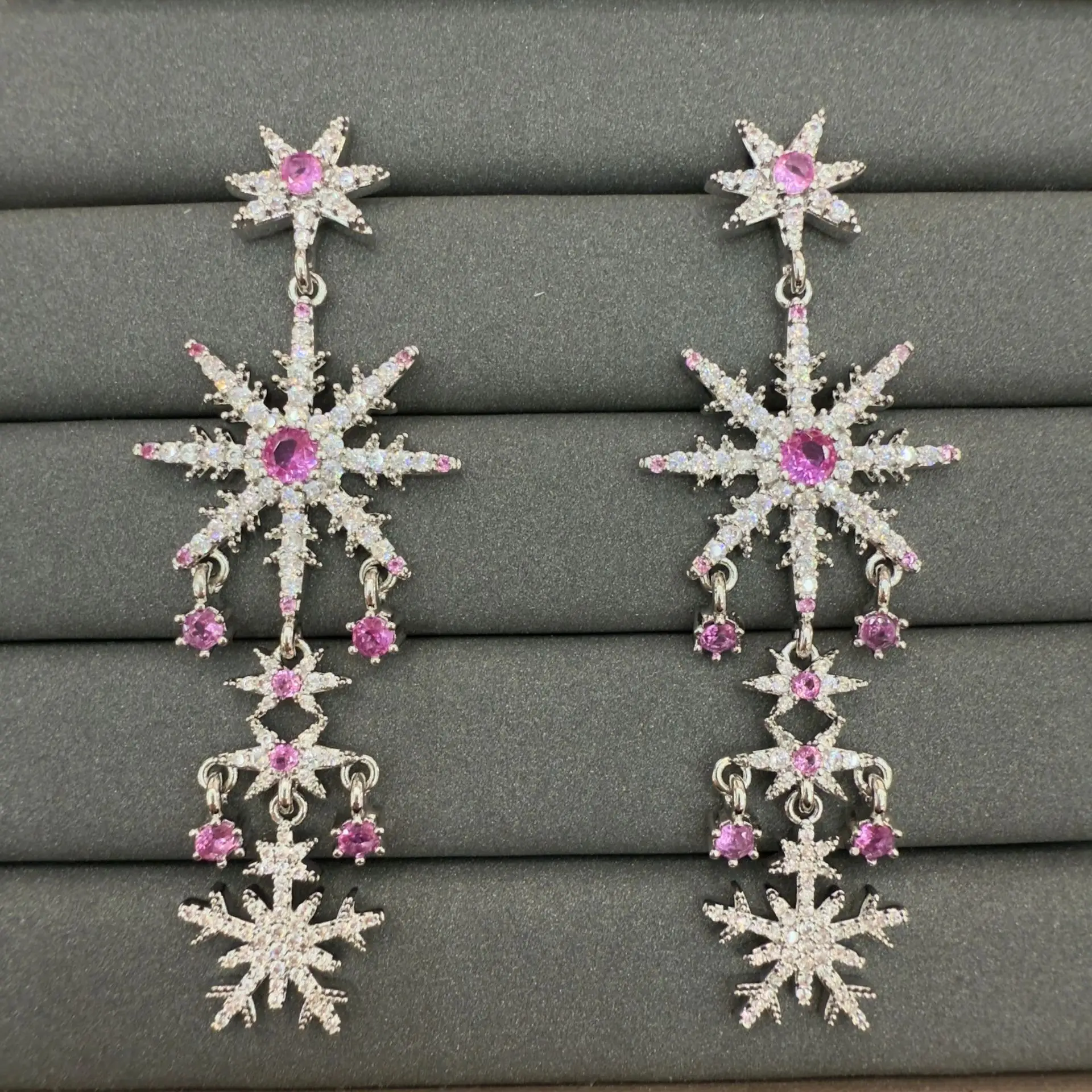 

shiny zircon snowflake earrings for women jewelry wedding party gala event long dangling earrings pink white yellow zircon