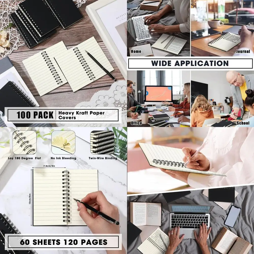 100パック ミニスパイラルノート、3x5インチ、罫線入り120ページジャーナル、休日、オフィス、学校用