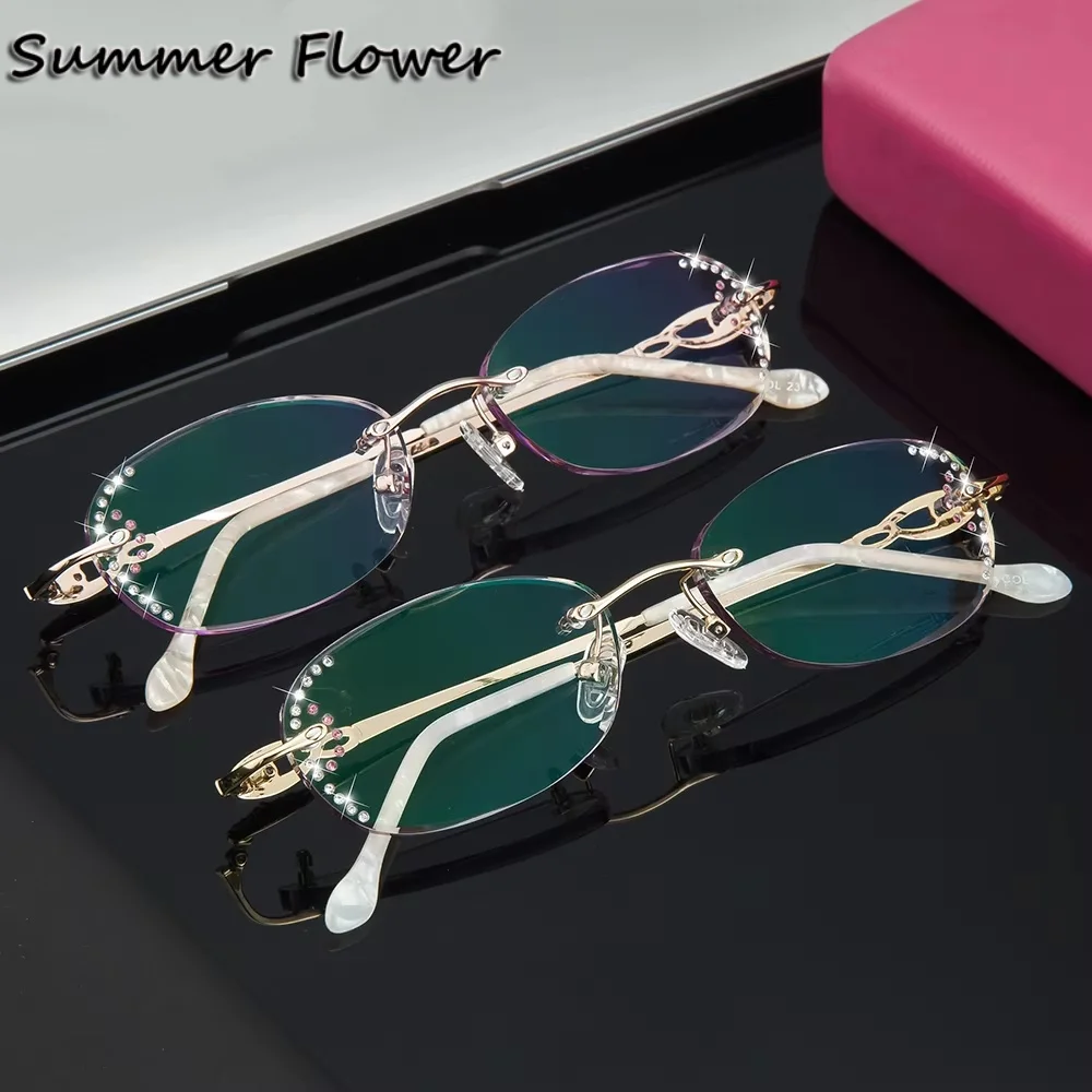 

Lady Luxury Frame Degree Eyeglasses Durable Gradient Colored Glass Women Diamond Eyeglasses for Customize Prescription Lenses