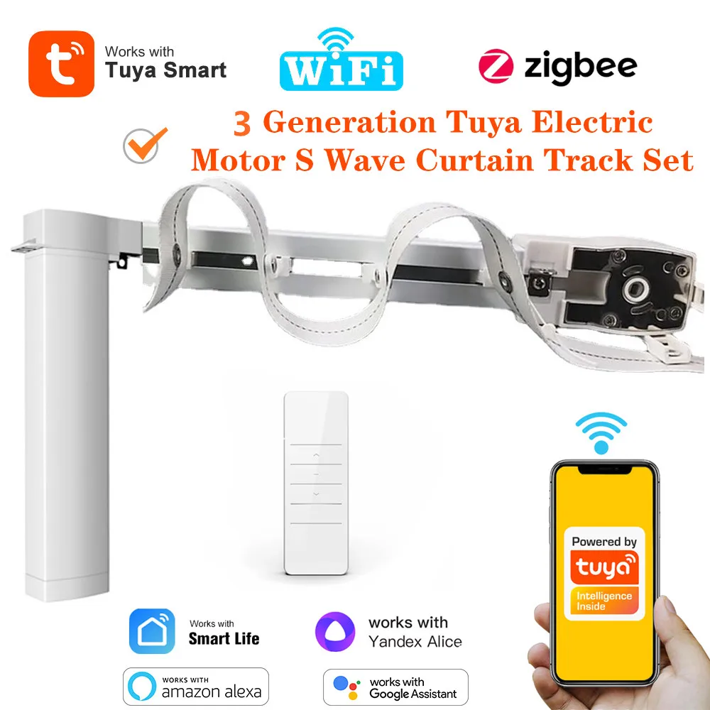 S Wave Ripple Fold Tuya Smart Life WiFi Zigbee Home Electric Curtain Track Motor Set Cornice Rail Alexa Alice