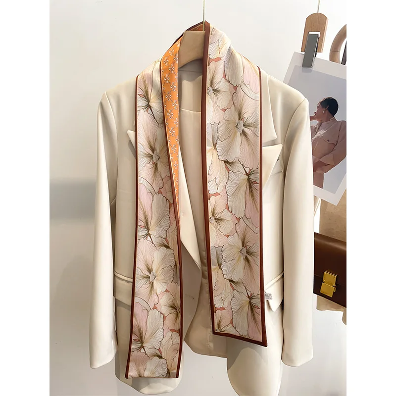 Luxury Floral Print Skinny Silk Scarf Women Soft Satin Hairband Bag Ribbon Neck Ties Long Silk Neckerchief Lady Foulard Headband