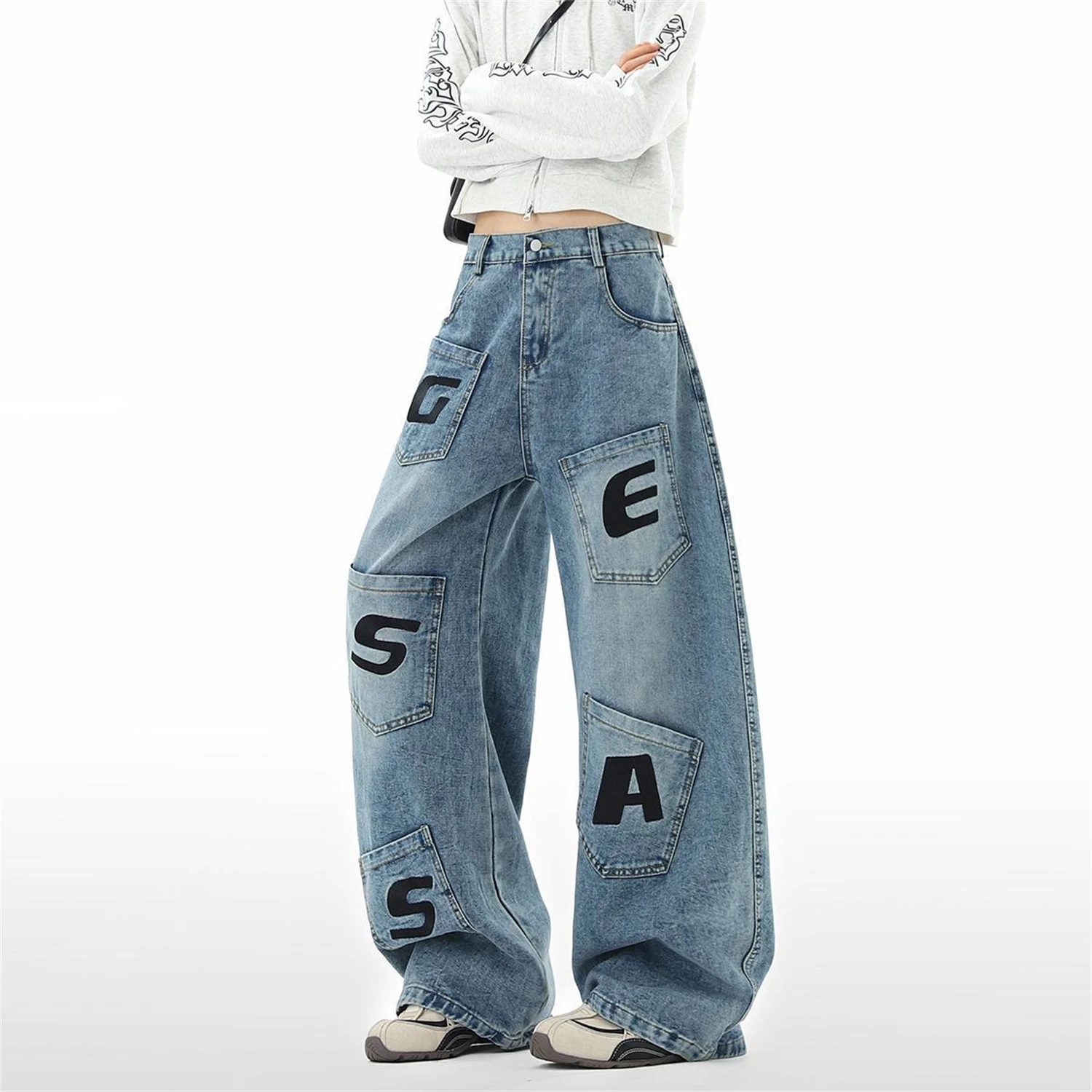 Damen-Jeans mit hoher Taille, weitem Bein, hellblau, Patchwork-Tasche, Buchstabendruck, Vintage-Y2K-Streetwear-Denim-Hose