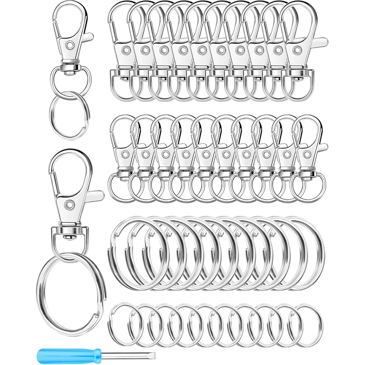 2025+ Silver Swivel Snap Hooks and Key Rings Kit, Lobster Clasps, Key Chain Rings, KeyRings for Crafts, Jewelry Making and DIY