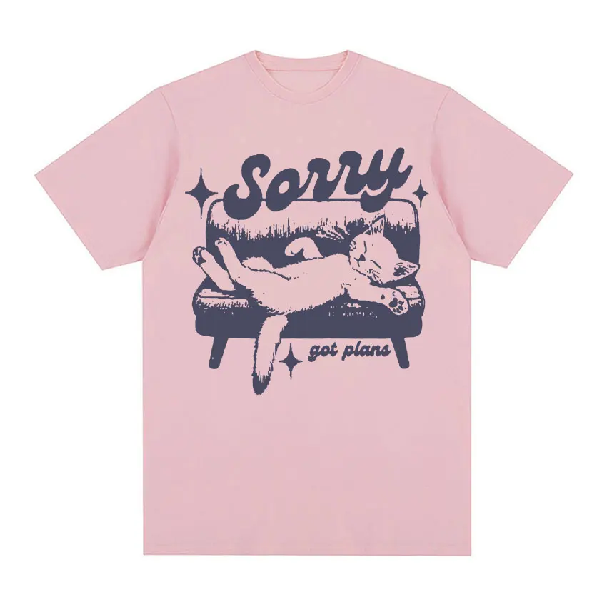 Sorry Got Plans Retro Graphic T Shirts Nostalgia Cat Tops Harajuku Fashion T-shirt Men Women Casual 100% Cotton Oversized Tshirt