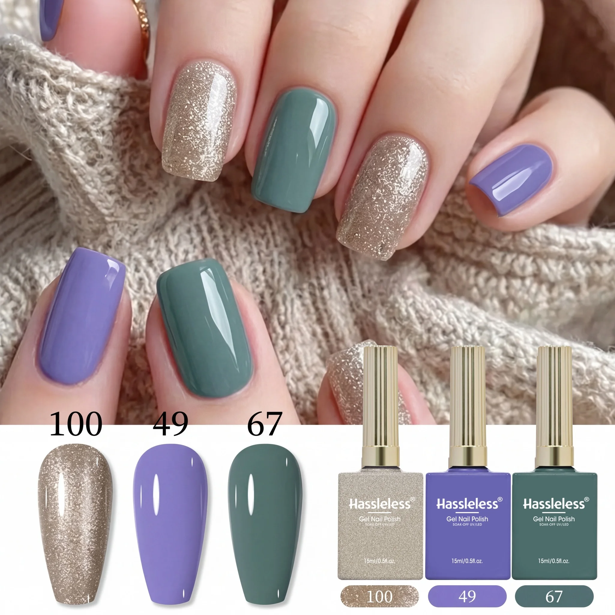 Hassleless 3Pcs Nail Polish Gel Set 15ml Taro Purple Gray Green Fine Glitter Nail Gel Removable Uv Long-Lasting Glossy DIY Nail Art Set