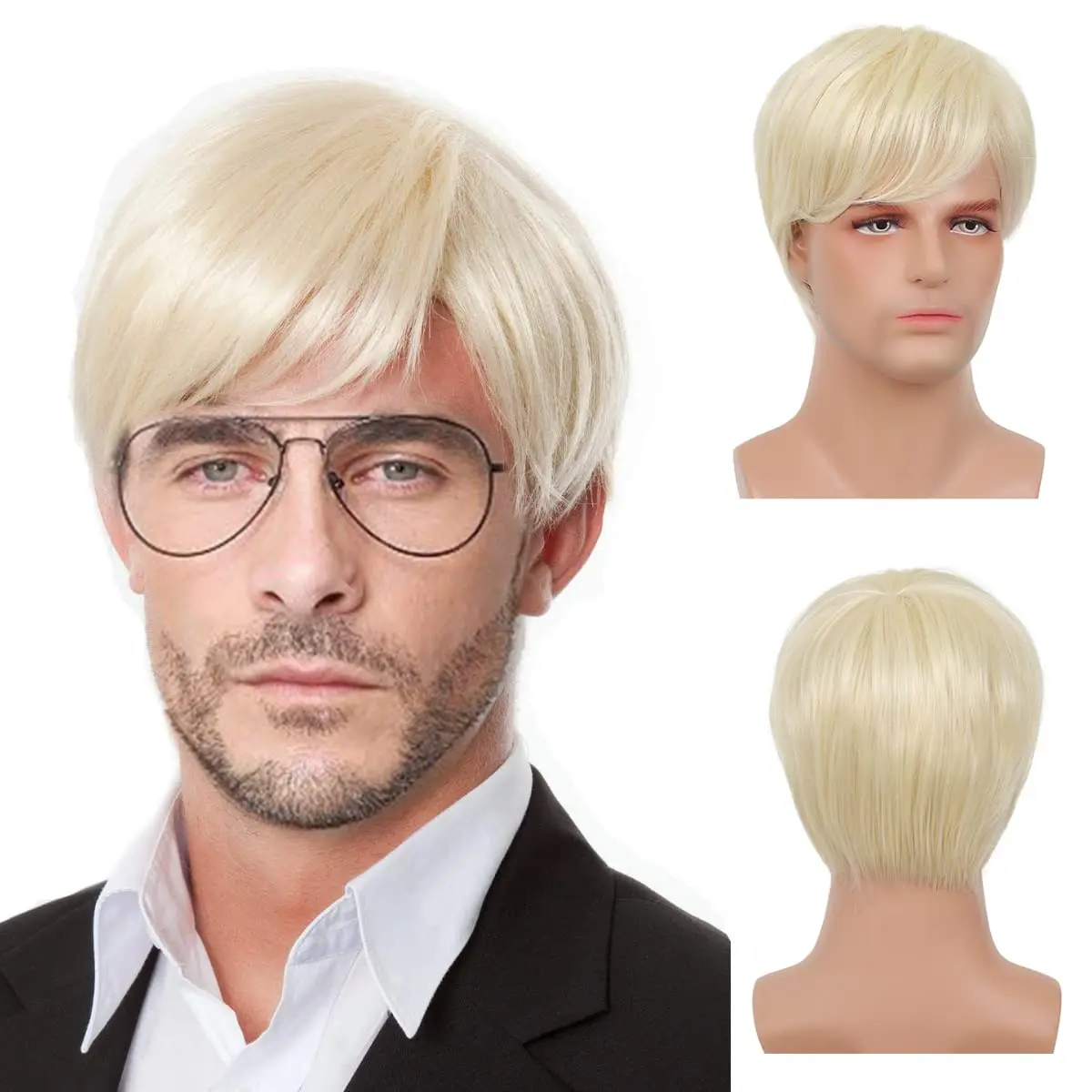 Peluca rubia corta para hombre, peluca de repuesto de pelo sintético Rubio Natural para hombres, peluca rubia corta para Cosplay, fiesta de disfraces de Halloween