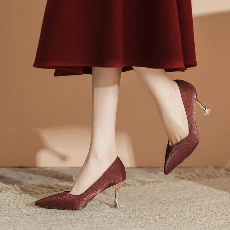 Satin High Heels, Elegant Temperament, Women's Shallow Mouth, Pointed Head, Small Stiletto, Single Shoes, Daily Commute