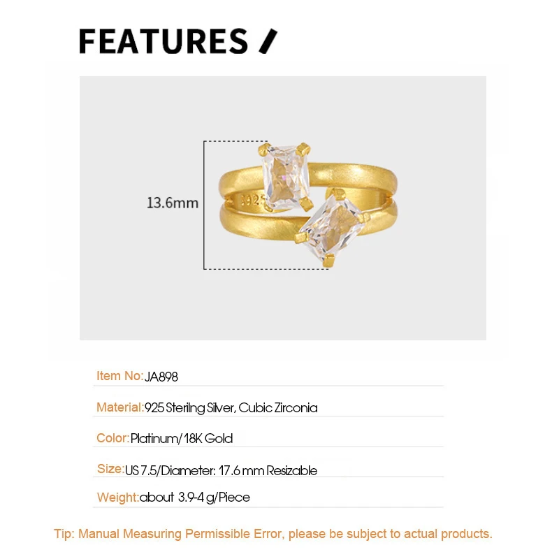 F.I.N.S Trendy Double-Layer Hollow Square Zirconia S925 Sterling Silver Ring Open Adjustable Index Mid Finger Fine Jewelry Gifts