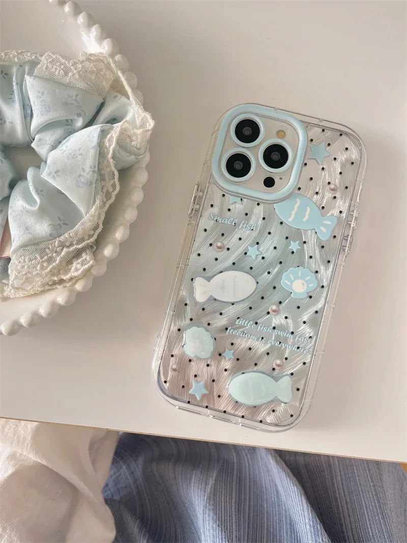Luxury Blue Dot Pearl Phone Case for iPhone 15 14 13 Pro Max 15pro Silver muslin Design Cover Cartoons Shells Protection Cases