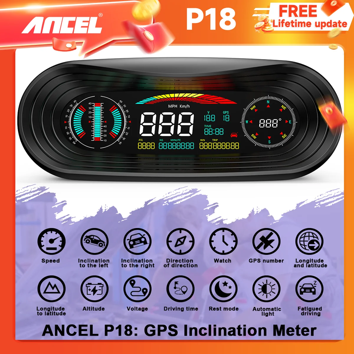 

New Trend Product ANCEL P18 OBD2 HUD Car Head Up Display HUD Clock Glass Projector Electronics Automotive Accessories