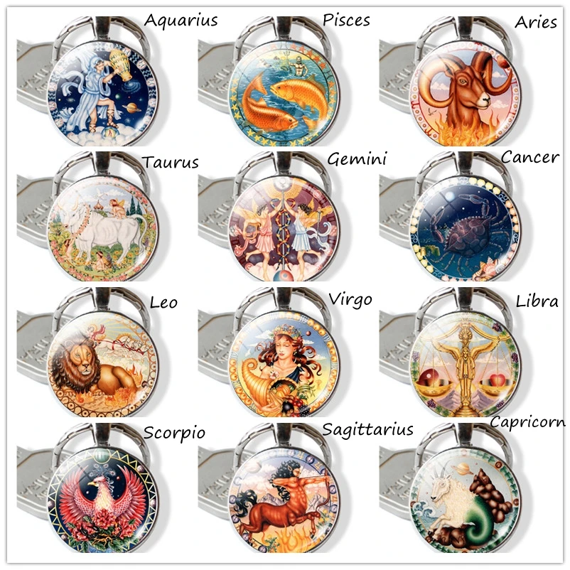 Constellation Keychains Gemini Virgo Libra Pisces Zodiac Sign Keyring Glass Dome Capricorn Keychain