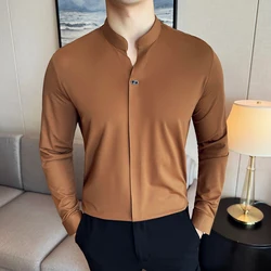 High Elasticity Men Polo Shirt 2024 Autumn Thin Stand Up Collar Solid Casual Elastic Slim Fit Long Sleeves T-shirt Men Clothing