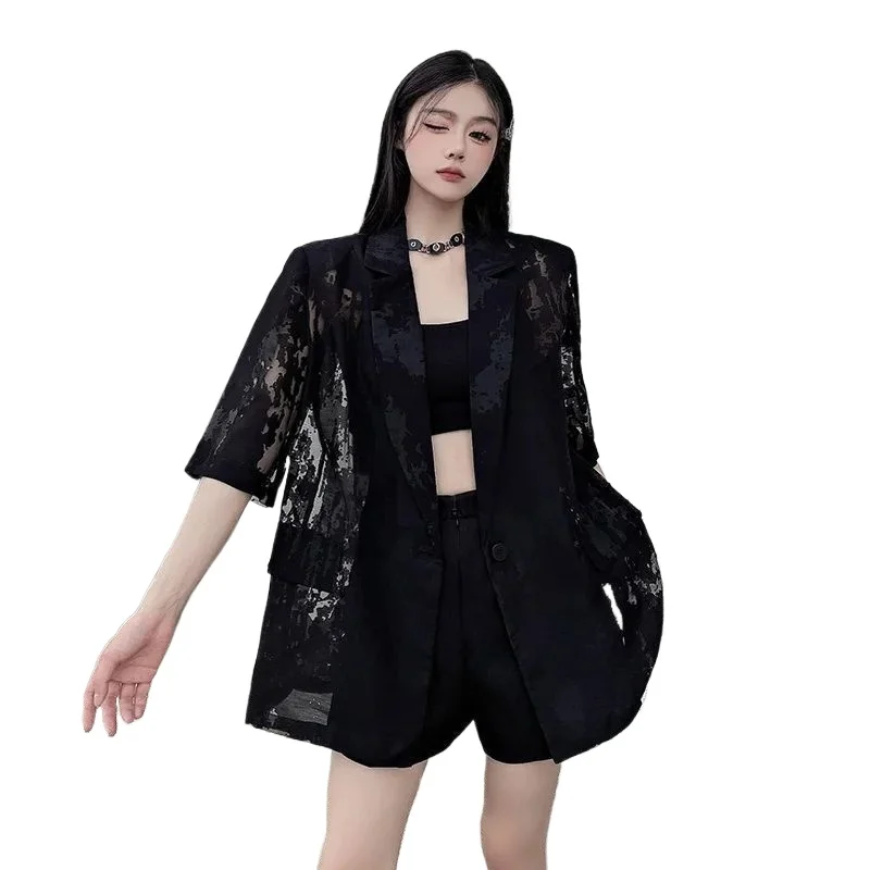 

Texture Sense Hollow Jacquard White Short-sleeved Blazer Women's Summer Thin Design Sense Niche Temperament Split Suit Exquisite