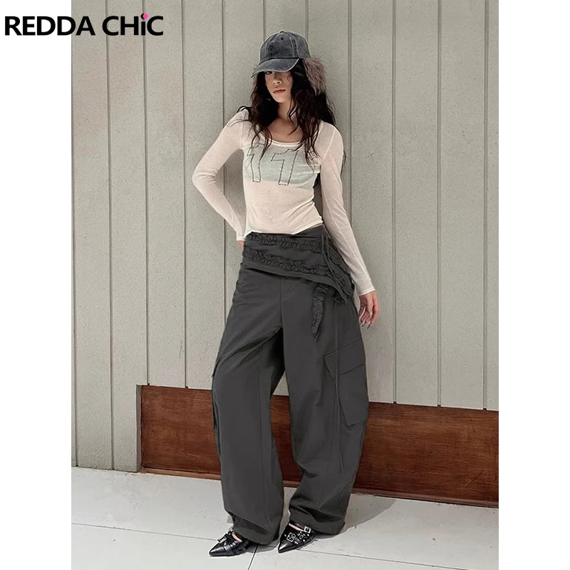 ReddaChic Wrap Skirt Bandage Wide Pants Loose Fit Casual Cargo Pockets Stitch Ruffle Palazzo Pants Dressy Retro Women Streetwear