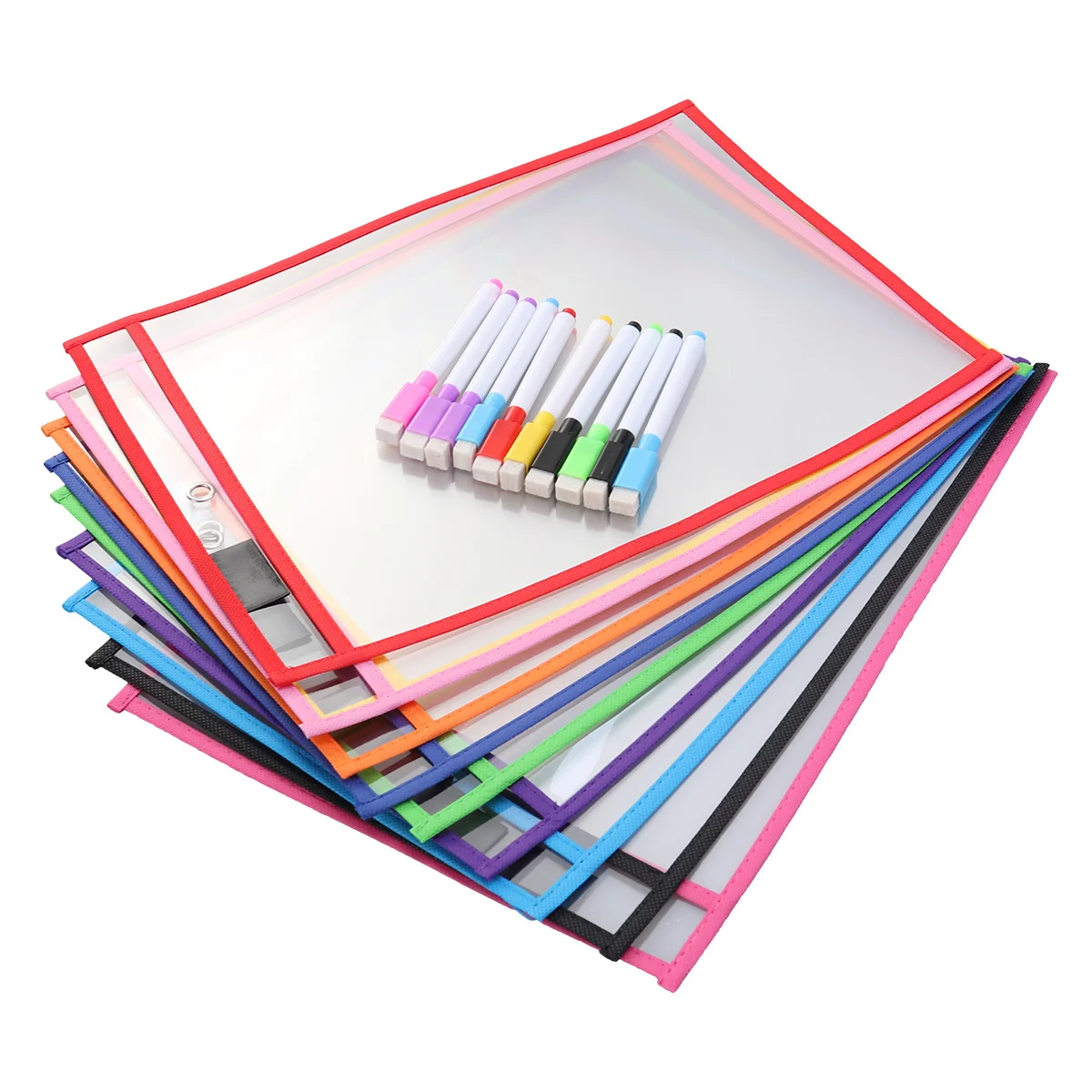 10 Transparent PVC Dry Erase Pockets Reusable Learning Bags Colored Pens Caps Included Teaching Supplies School Storage
