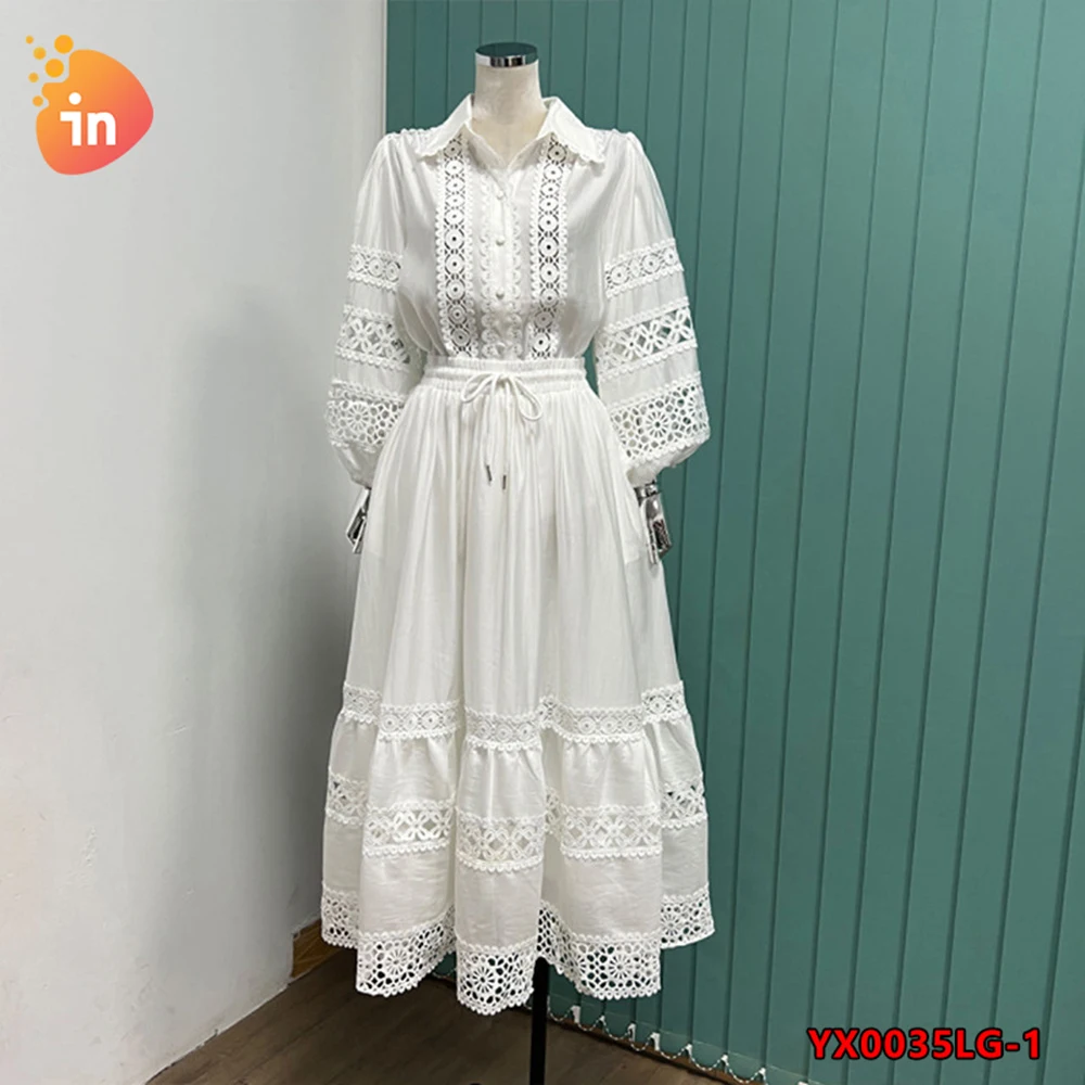 New fashion all-match lapel stitching lace lantern sleeve shirt + high waist skirt suit-YX0035LG