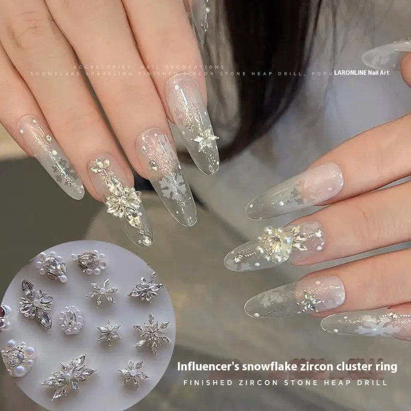 5Pcs Snowflake Flower Zircon Pearl Crystals Rhinestones Christmas Jewelry Flash Nail Art Decorations Nails Accessories Charms