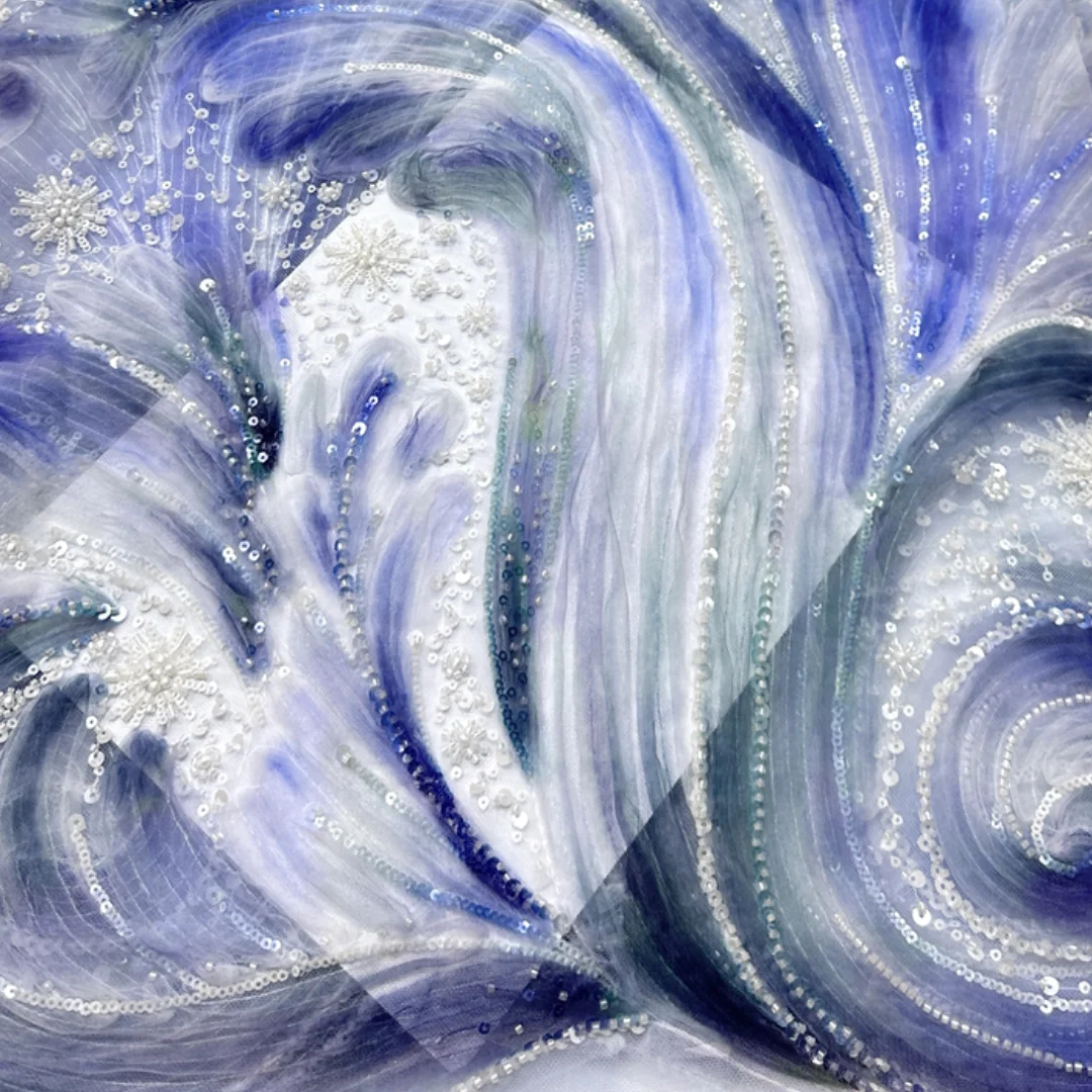 

5 Yard Elegant Leaf Swirl Beaded Sequin Lace Fabric High Quality Tulle Mesh Embroidered Material for Sewing Evening Dress Design