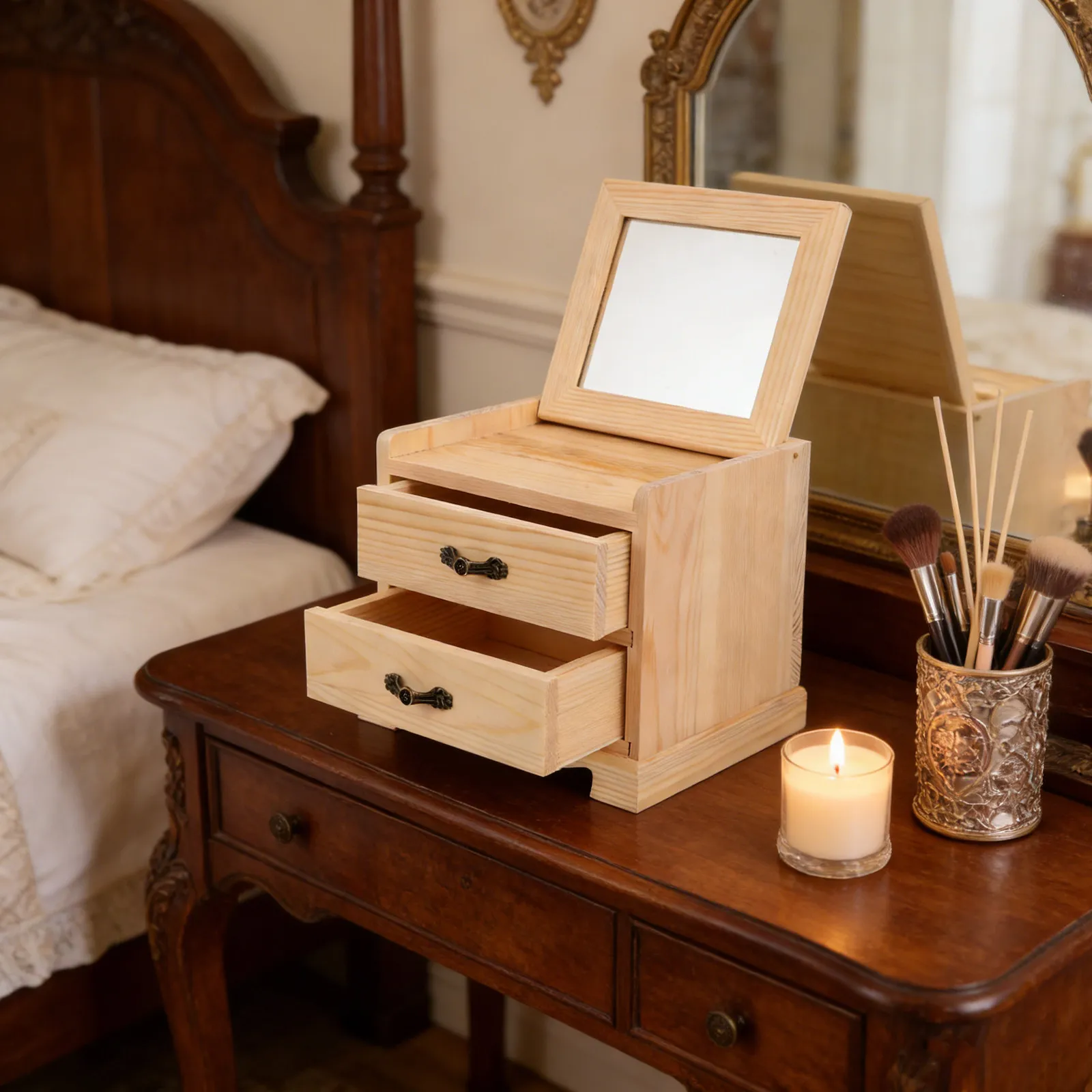 

Wooden Jewelry Box with Mirror 2-Tier Drawer Organizer for Necklace Ring Bracelet Earrings Rustic Solid Wood Vanity Dresser