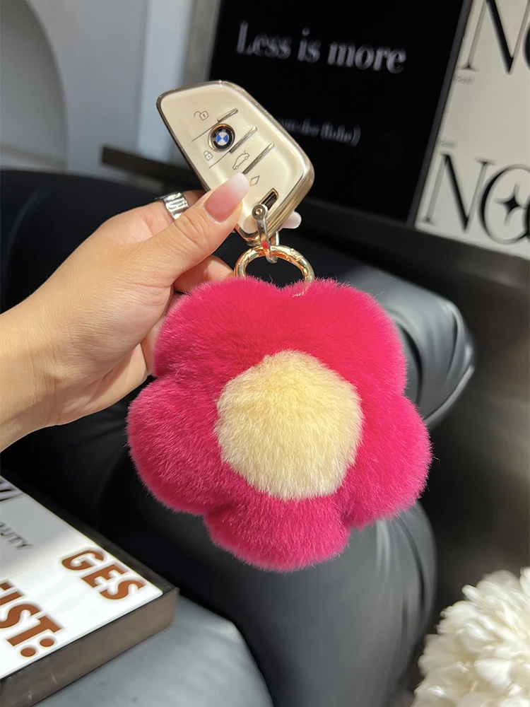 Cute Real Rex Rabbit Fur Flowers Key Chains Plush Ball Toy Girls Bag Hanging Ornaments Women\'s Car Keyring Pendant Birthday Gift